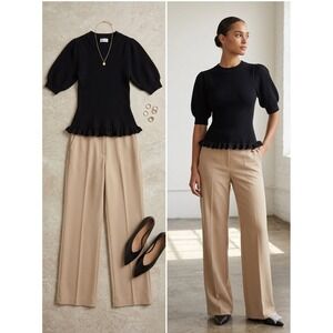 & Merci Black Stretchy Ribbed Puff Sleeve Peplum Top size L